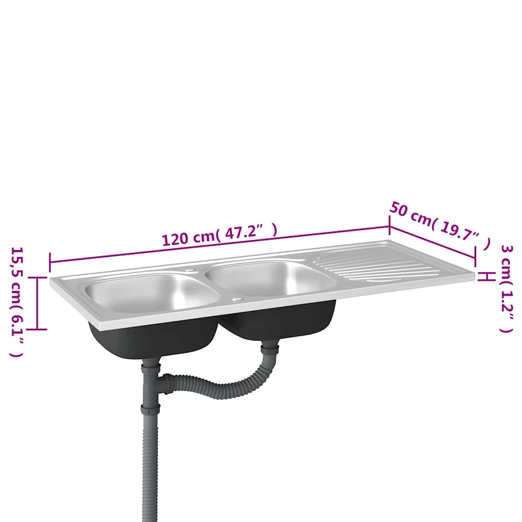 vidaXL Gootsteen dubbele bakken 1200x500x155 mm roestvrij staal zilver
