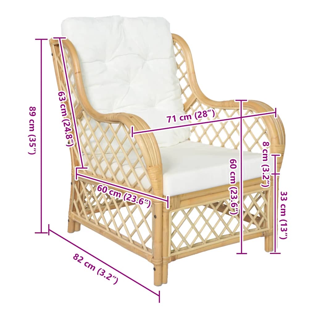 vidaXL Chair with Cushion Natural Rattan and Linen