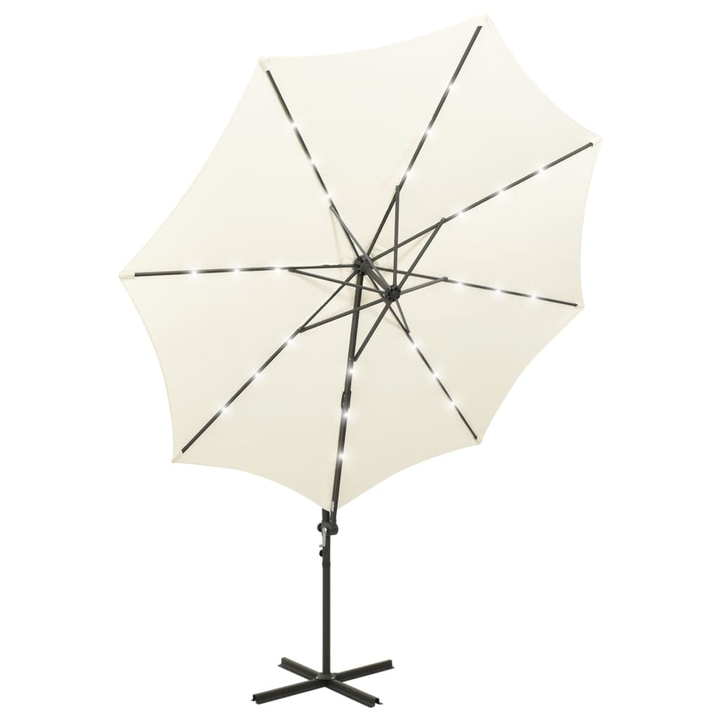 vidaXL Zweefparasol met paal en LED-verlichting 300 cm zandkleurig