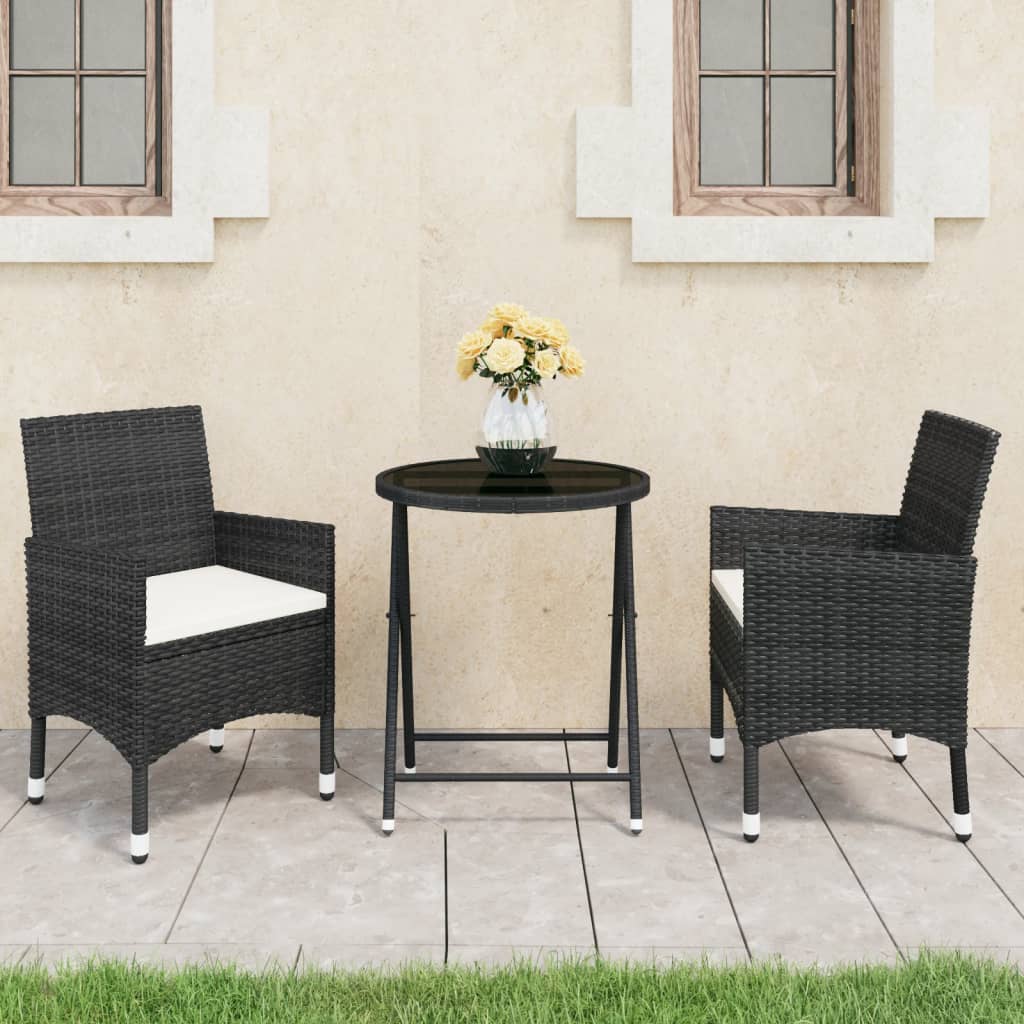 vidaXL 3-Piece Bistro Set Polyrattan and Tempered Glass Black