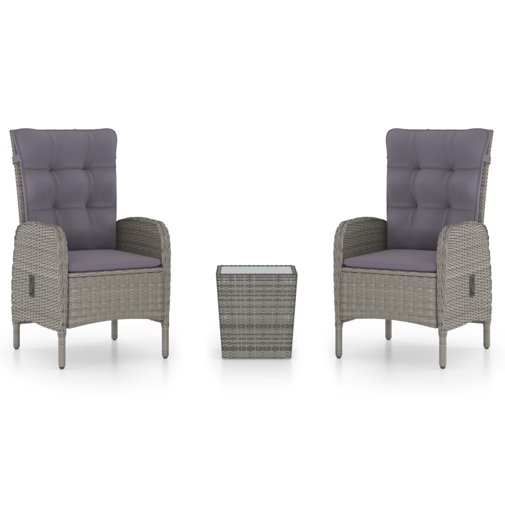 vidaXL 3-Piece Bistro Set Poly Rattan and Glass Grey