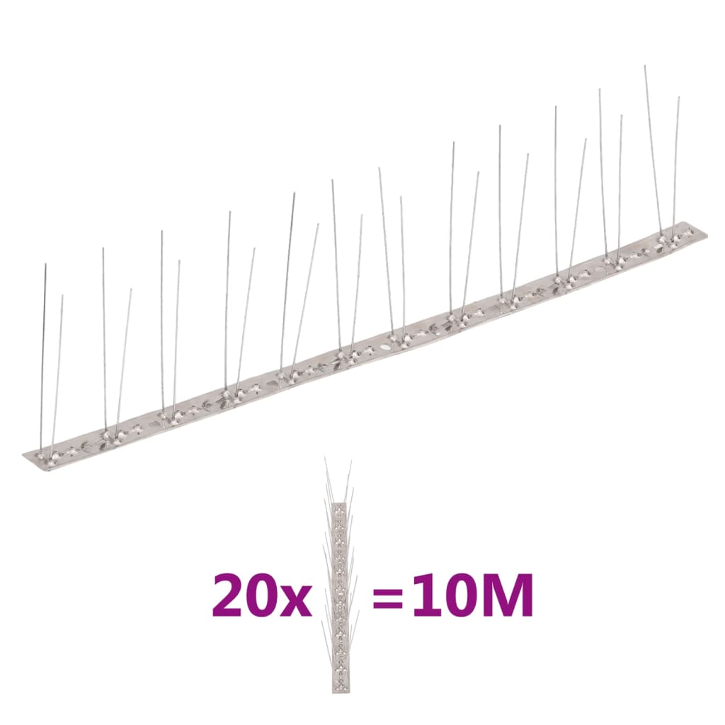 vidaXL Bird and Pigeon Spikes with 2 Rows 20 pcs 10 m Stainless Steel