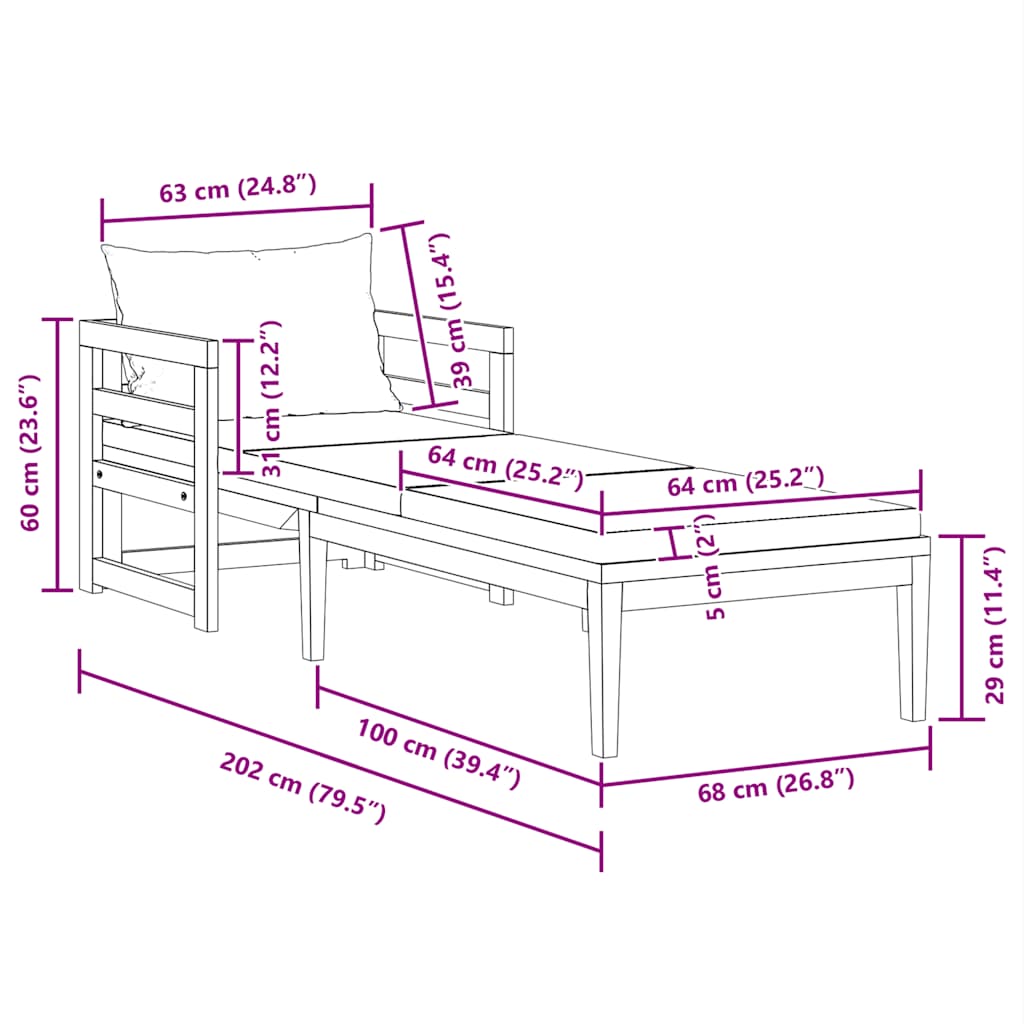 vidaXL Ligbed met crèmekleurige kussens massief acaciahout