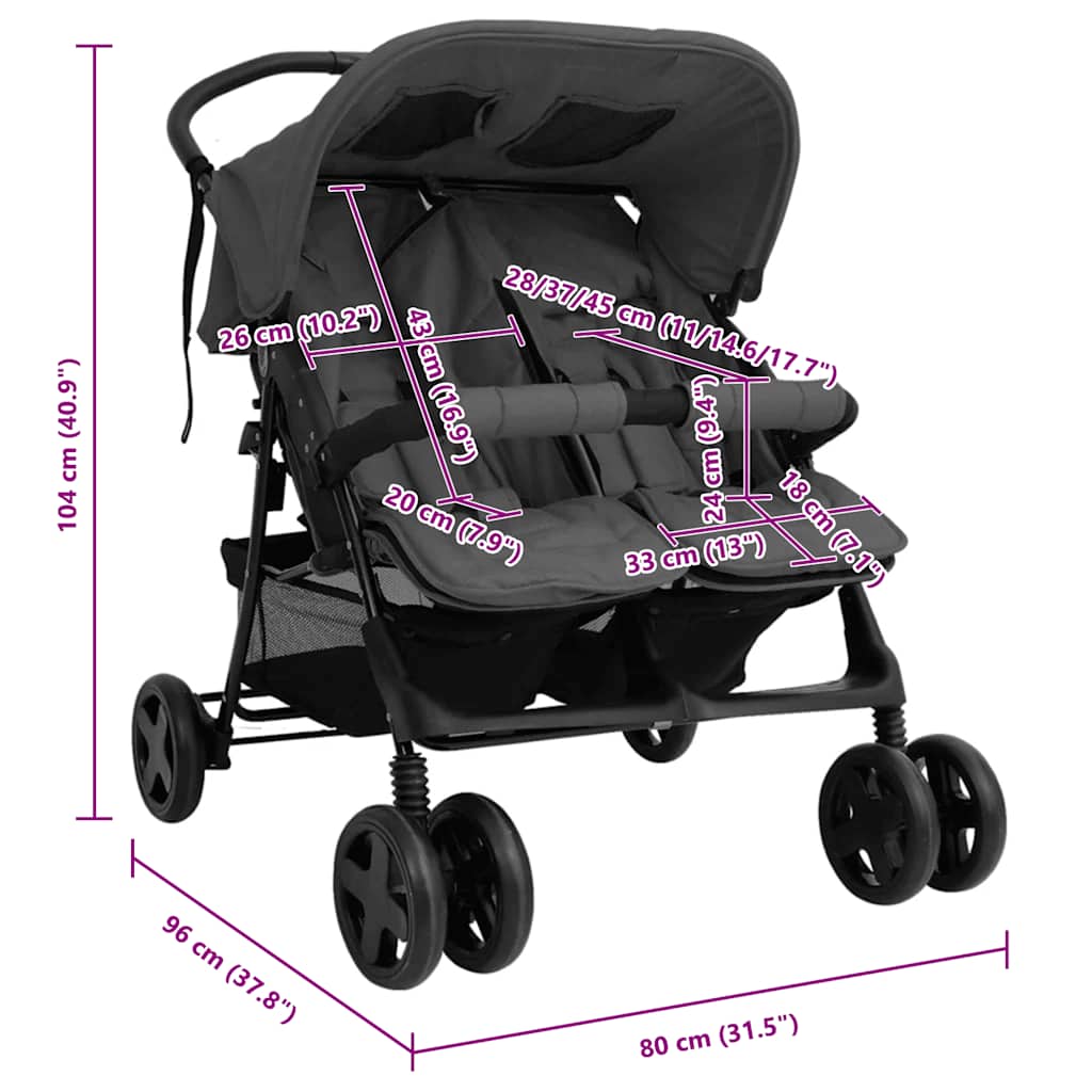 vidaXL Double Stroller Steel Light Grey
