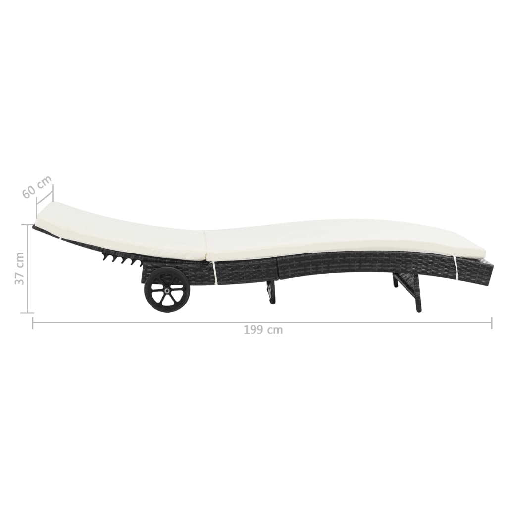 vidaXL Sun Loungers 2 pcs with Wheels and Cushions Poly Rattan Black