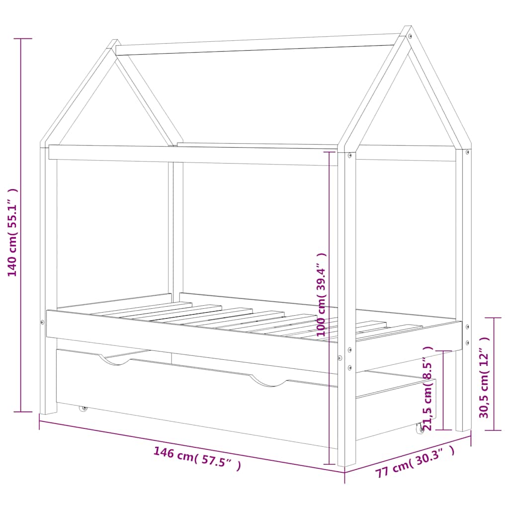 vidaXL Kids Bed Frame with Drawer Solid Pine Wood 70x140 cm