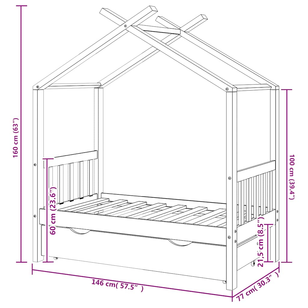 vidaXL Kinderbedframe met lade massief grenenhout 70x140 cm