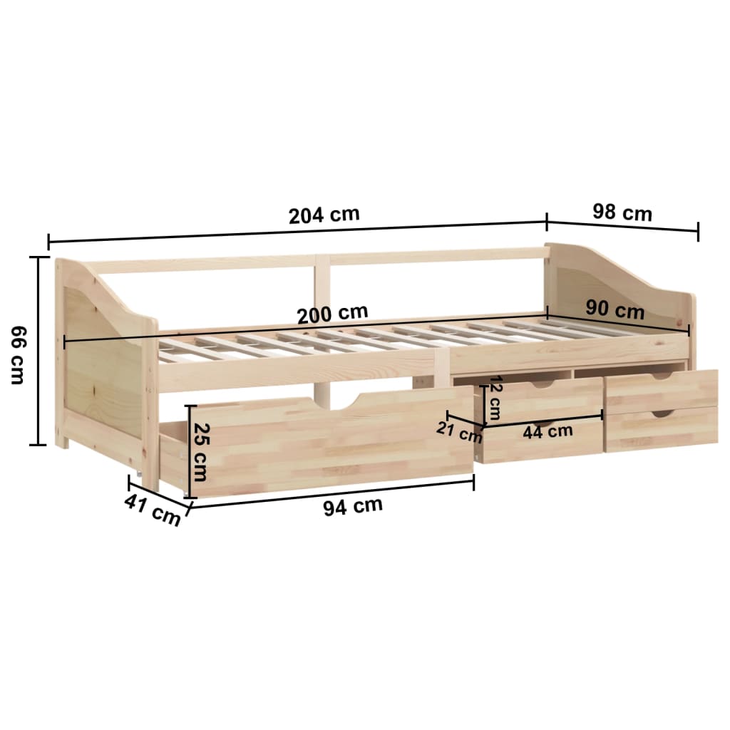 vidaXL Bedbank 3-zits met lades massief grenenhout 90x200 cm