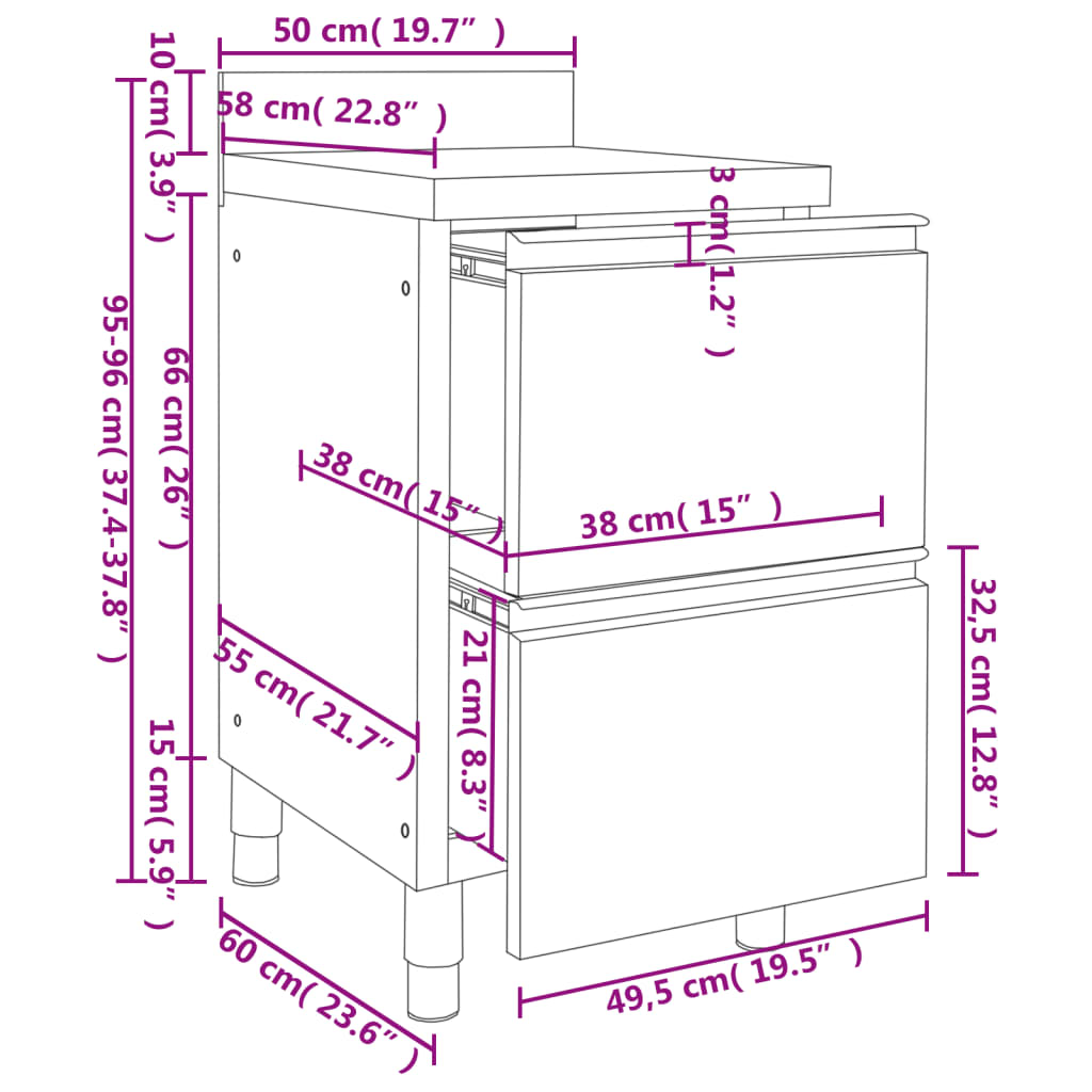 vidaXL Commercial Kitchen Cabinet with 2 Drawers 50x60x96 cm