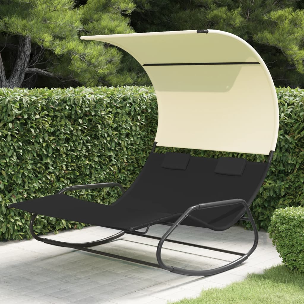 vidaXL Double Rocking Sun Lounger with Canopy Textilene Cream