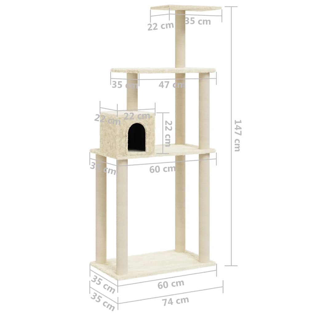 vidaXL Cat scratcher with sisal scratching posts 147 cm cream