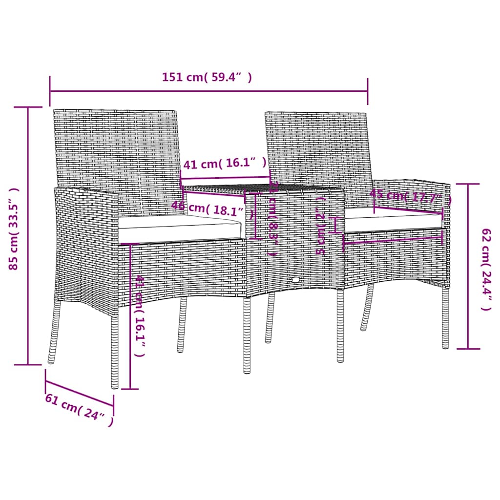 vidaXL Banquette de jardin 2 places avec tafeltje poly rotin couleur antraciet