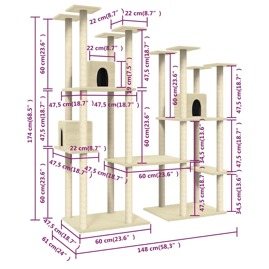 vidaXL Cat Tree with Sisal Scratching Posts 174 cm Cream