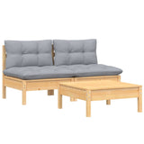 vidaXL 3-delige Loungeset met grijze kussens grenenhout