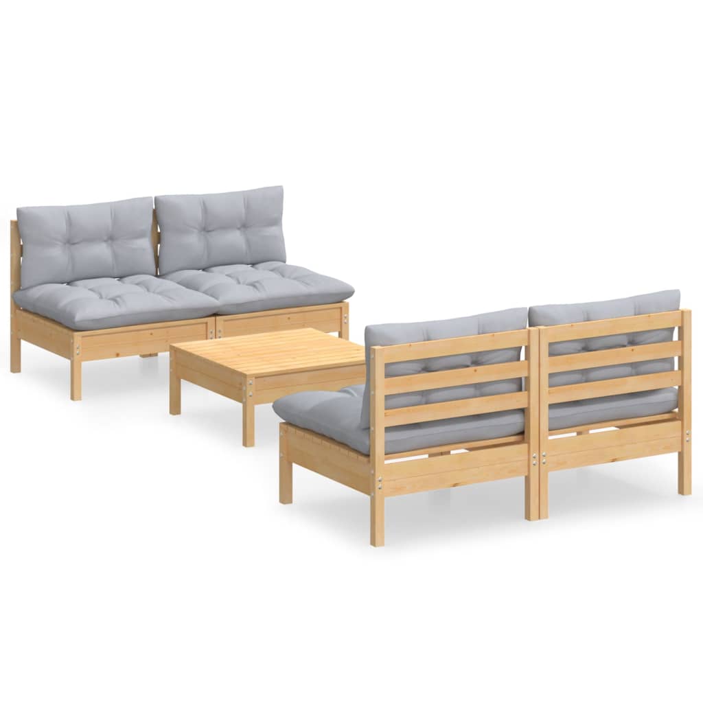 vidaXL 5-delige Loungeset met grijze kussens grenenhout