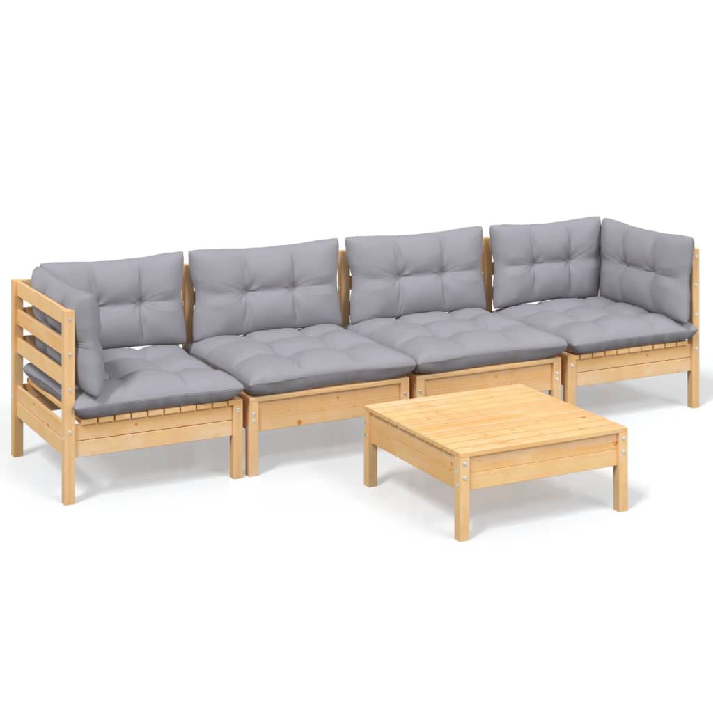 vidaXL 5-delige Loungeset met grijze kussens massief grenenhout
