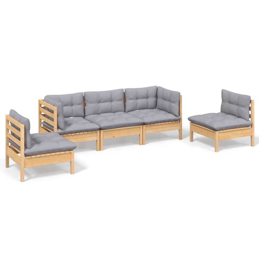 vidaXL 5-delige Loungeset met grijze kussens massief grenenhout