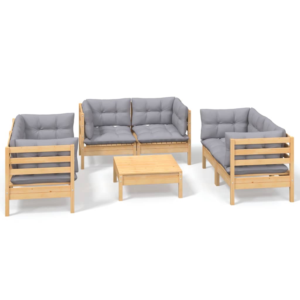 vidaXL 7-Piece Lounge Set with Grey Cushions Pine Wood