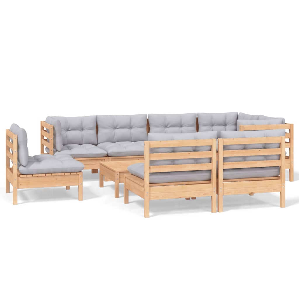 vidaXL 9-delige Loungeset met grijze kussens massief grenenhout