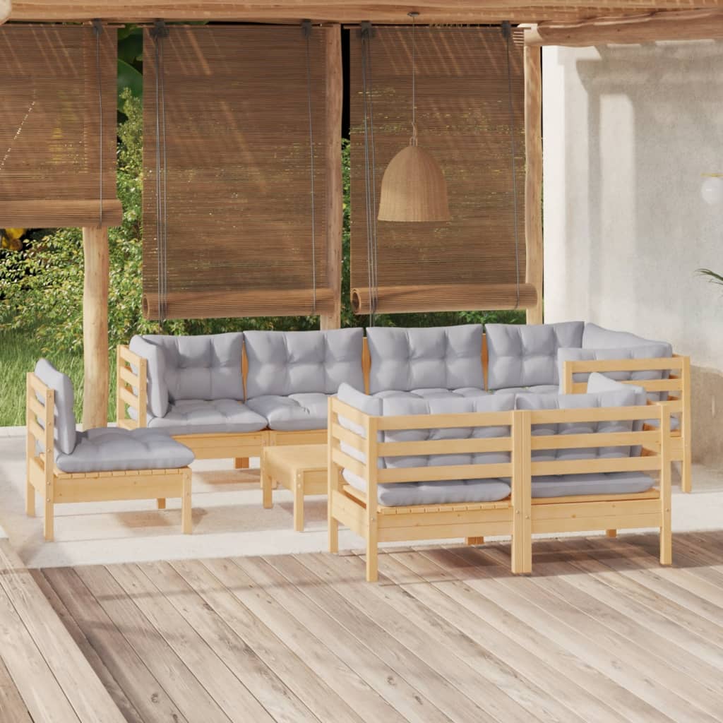 vidaXL 9-delige Loungeset met grijze kussens massief grenenhout