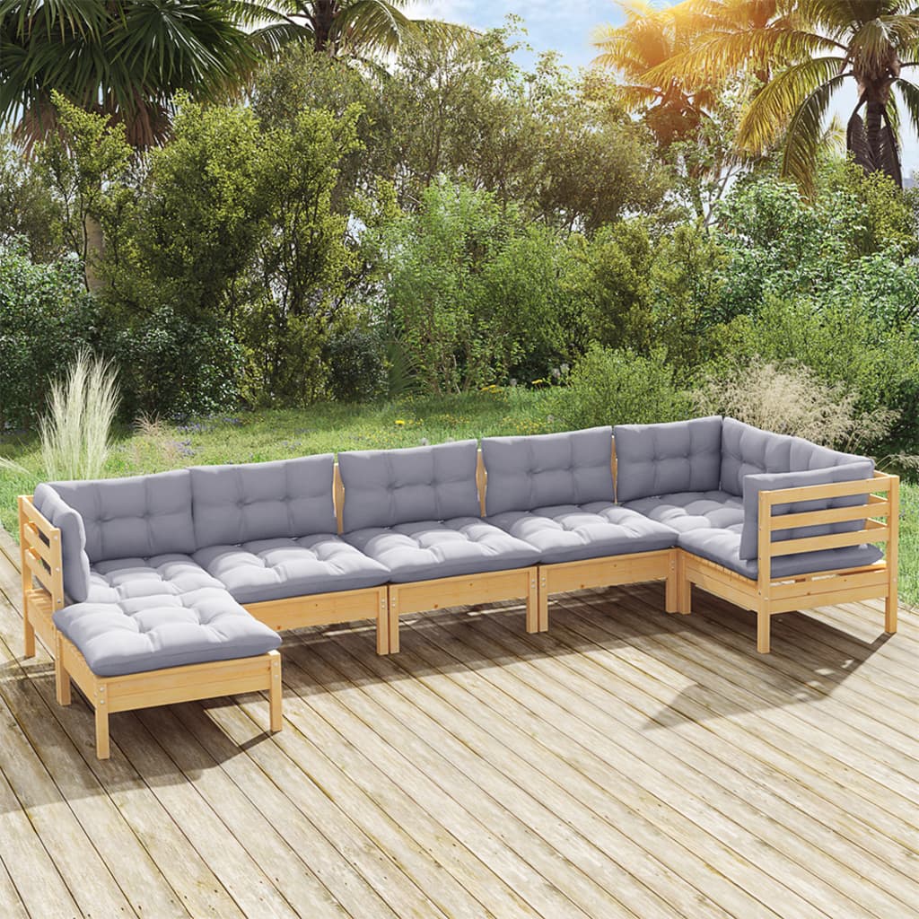 vidaXL 7-delige Loungeset met grijze kussens massief grenenhout