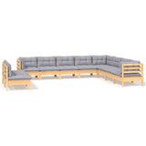 vidaXL 10-Piece Lounge Set with Grey Cushions Solid Pinewood