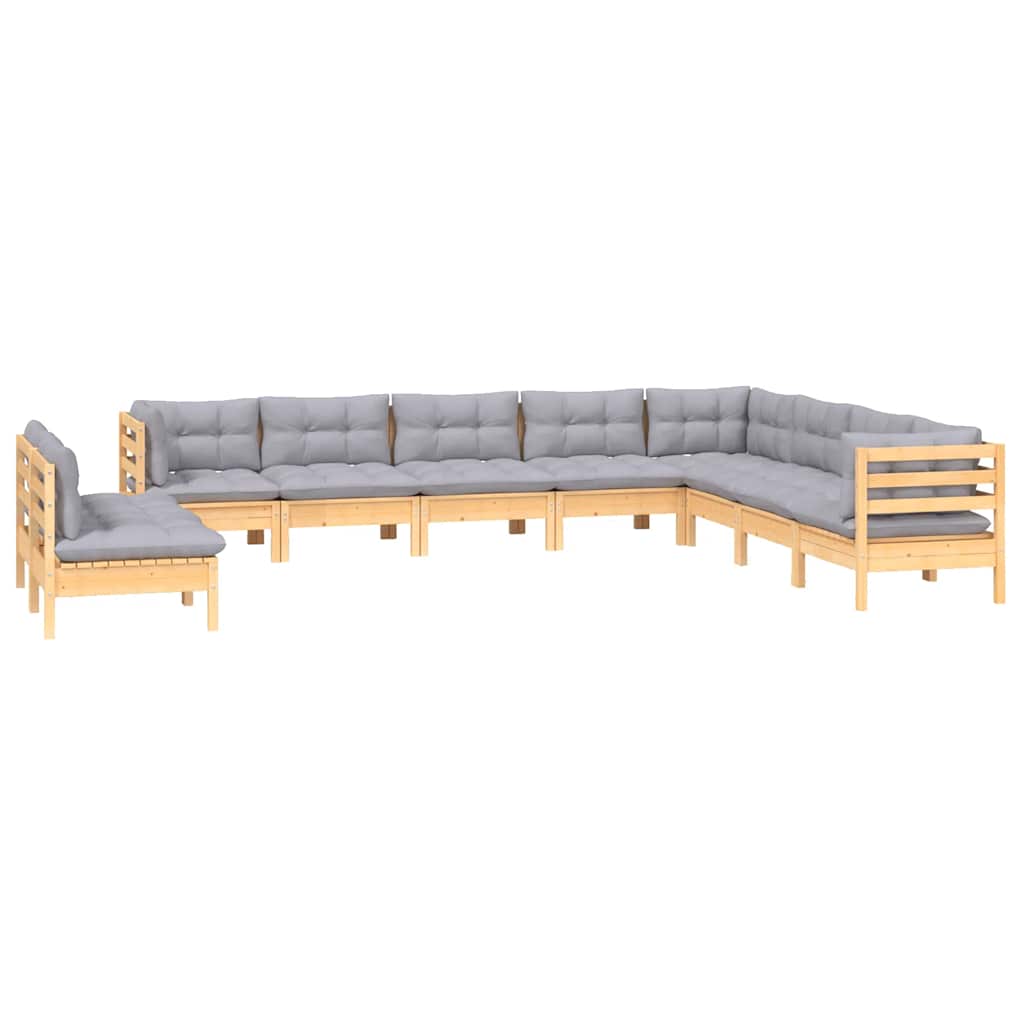 vidaXL 10-Piece Lounge Set with Grey Cushions Solid Pinewood