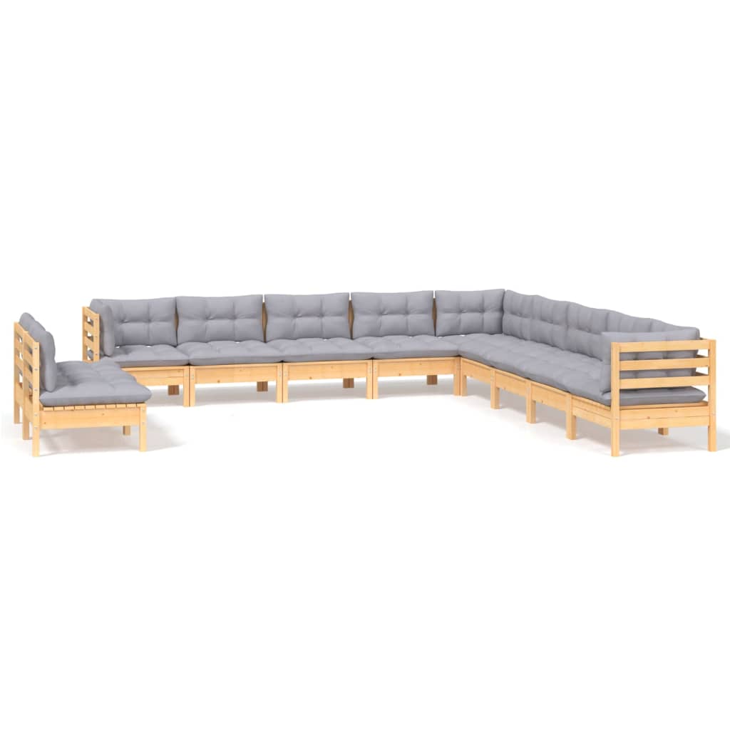 vidaXL 11-Piece Lounge Set with Grey Cushions Solid Pine Wood