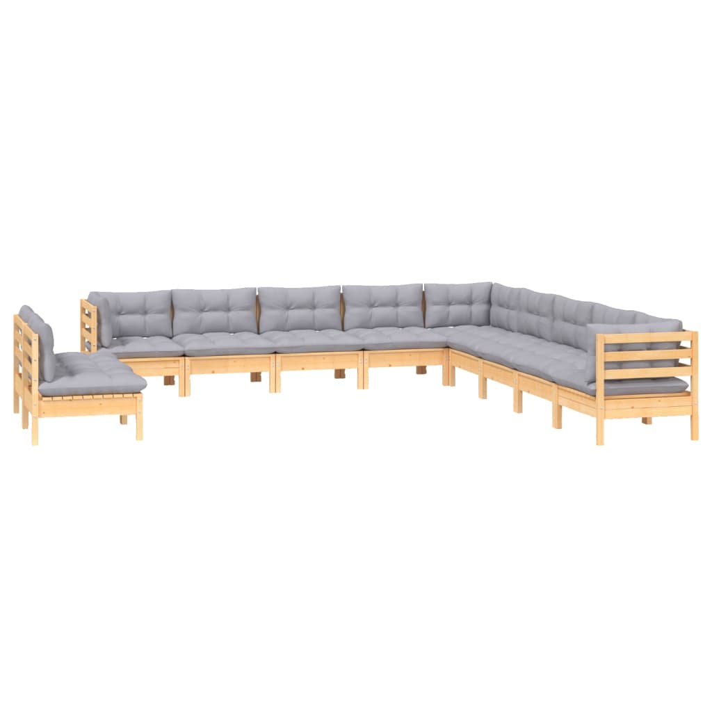 vidaXL 11-Piece Lounge Set with Grey Cushions Solid Pine Wood