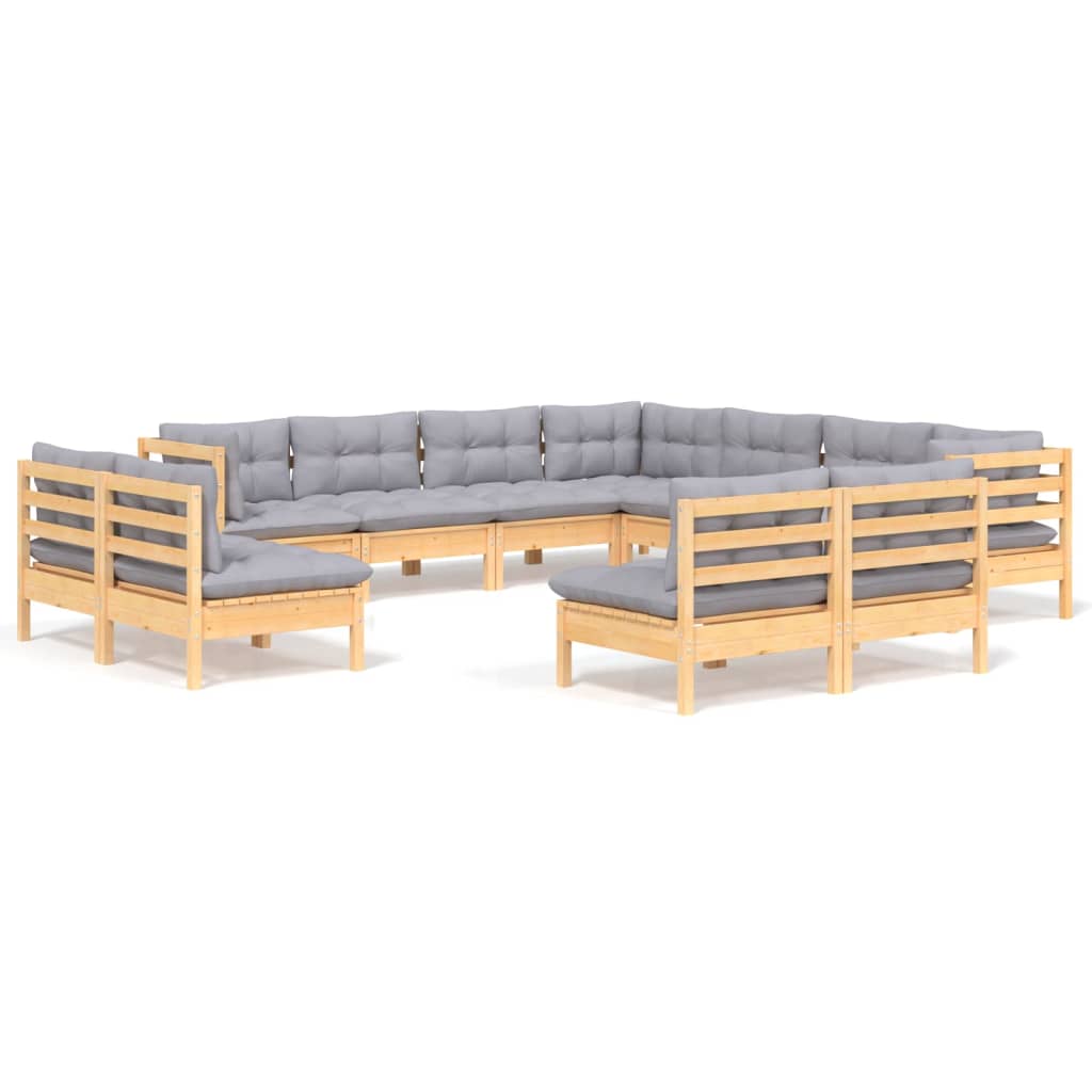 vidaXL 11-Piece Lounge Set with Grey Cushions Solid Pine Wood