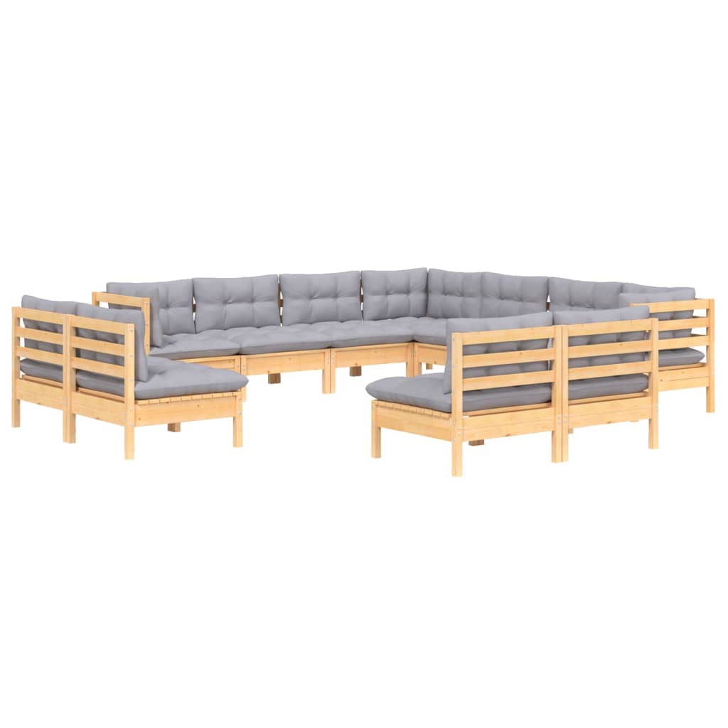 vidaXL 11-Piece Lounge Set with Grey Cushions Solid Pine Wood