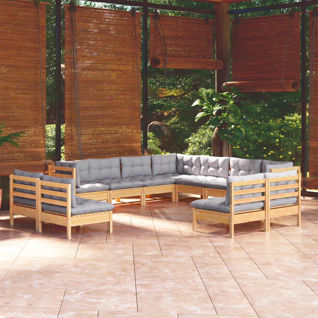 vidaXL 11-Piece Lounge Set with Grey Cushions Solid Pine Wood