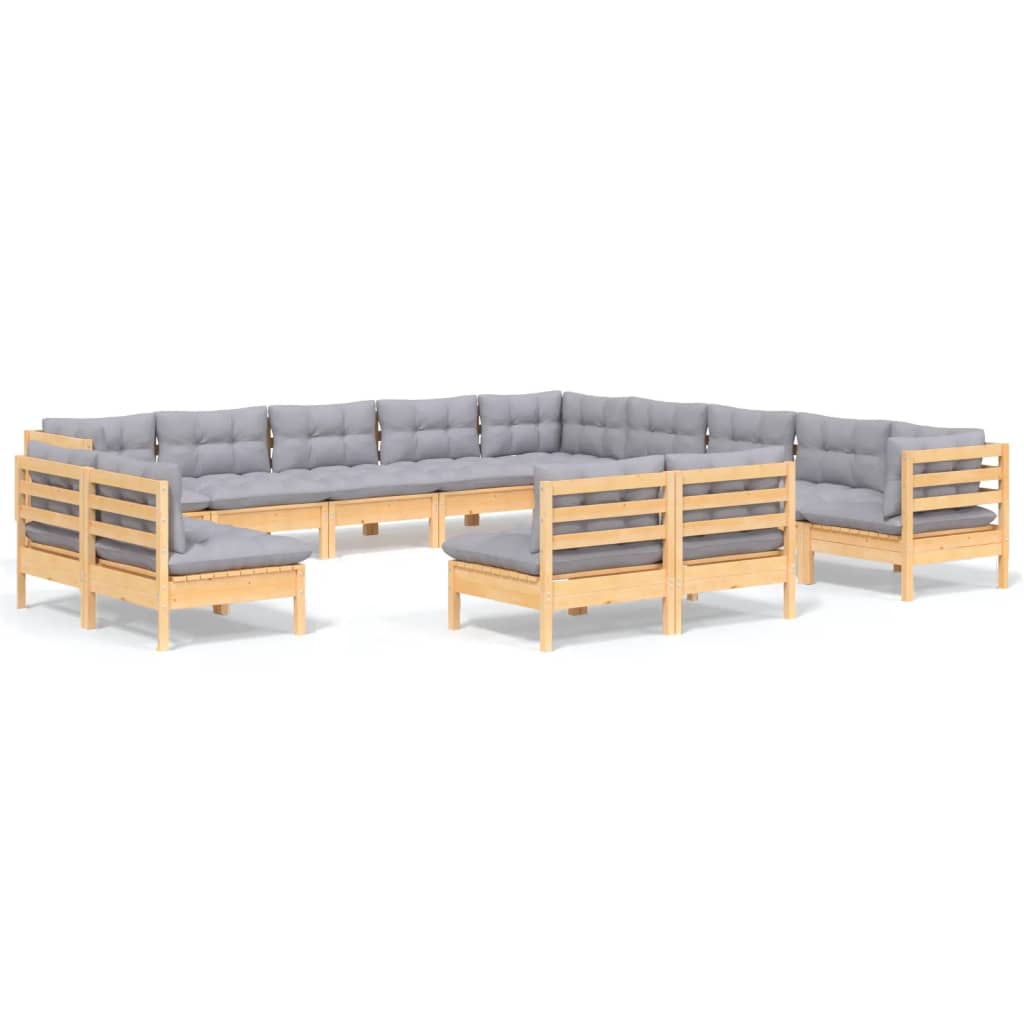 vidaXL 13-Piece Lounge Set with Grey Cushions Solid Pine Wood
