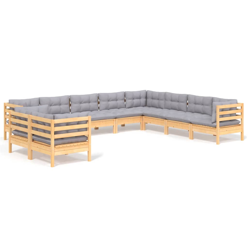 vidaXL 10-Piece Lounge Set with Grey Cushions Solid Pinewood
