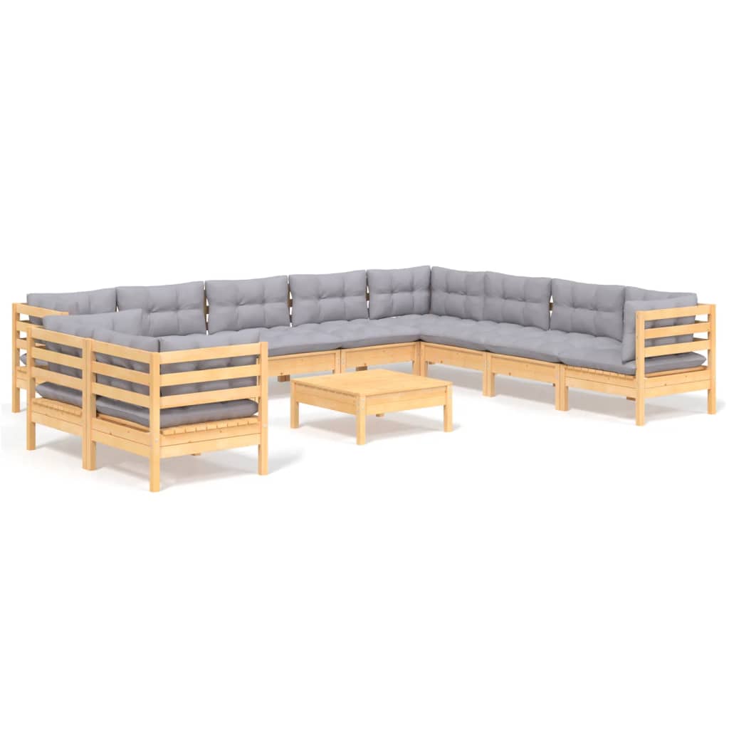 vidaXL 11-Piece Lounge Set with Grey Cushions Solid Pine Wood