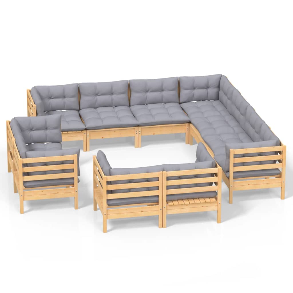 vidaXL 11-Piece Lounge Set with Grey Cushions Solid Pine Wood