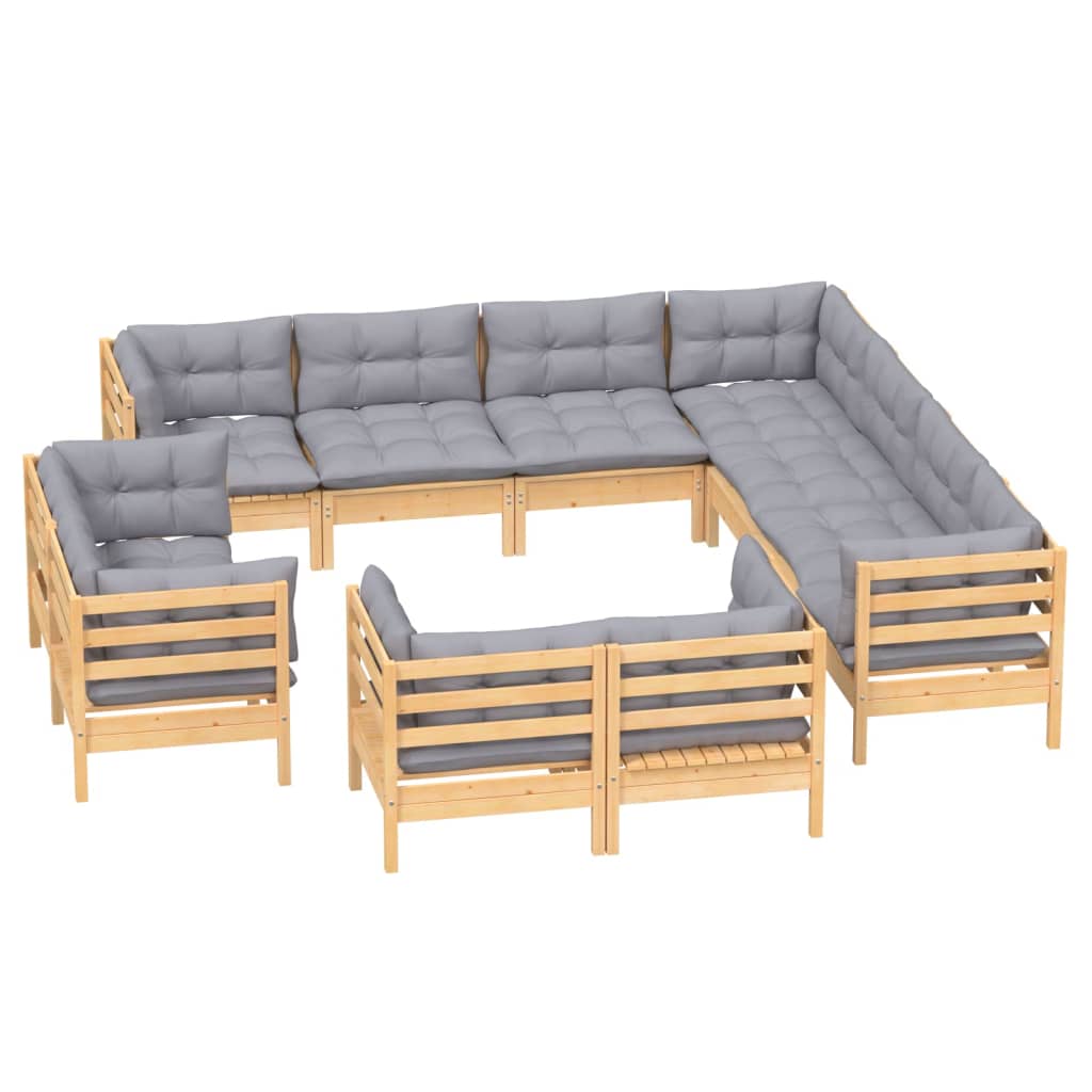 vidaXL 11-Piece Lounge Set with Grey Cushions Solid Pine Wood