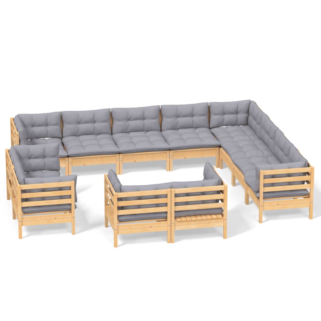 vidaXL 12-piece Lounge Set with Grey Cushions Solid Pine Wood