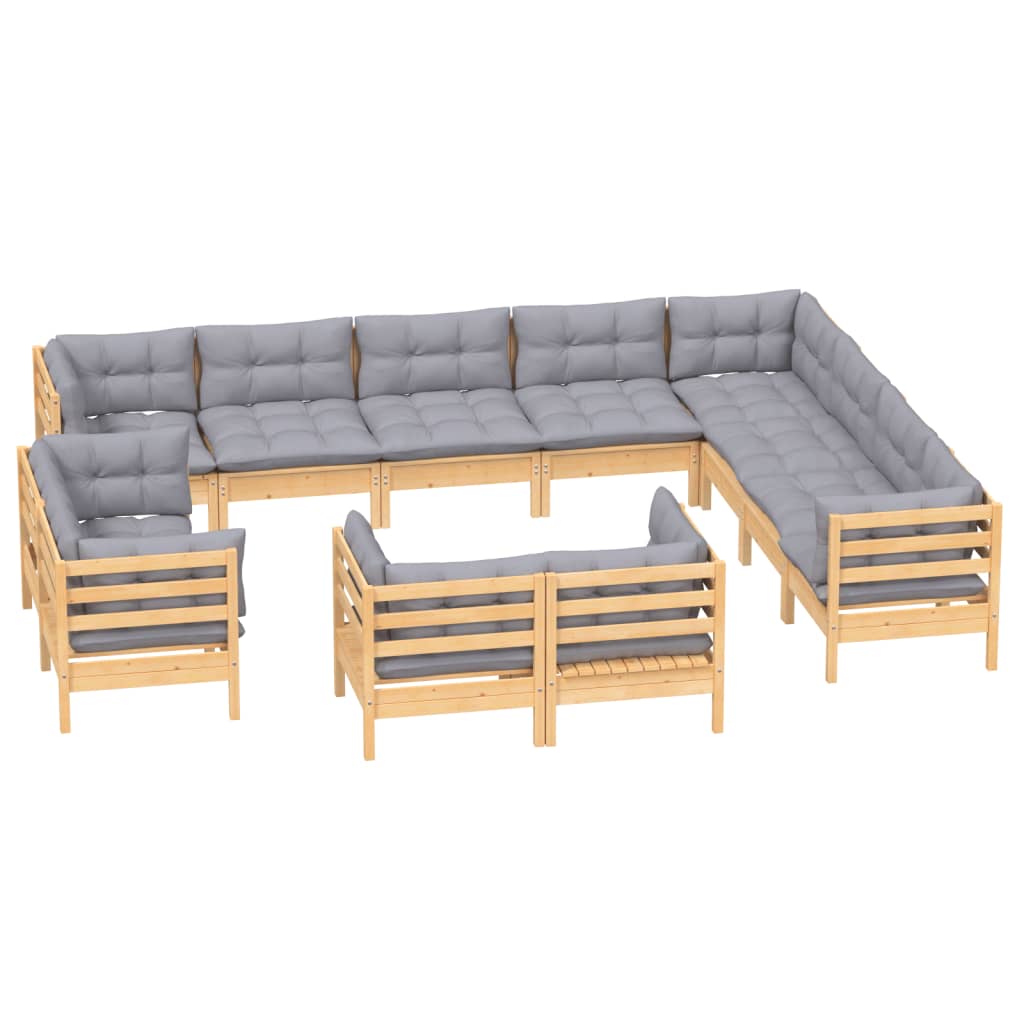 vidaXL 12-piece Lounge Set with Grey Cushions Solid Pine Wood