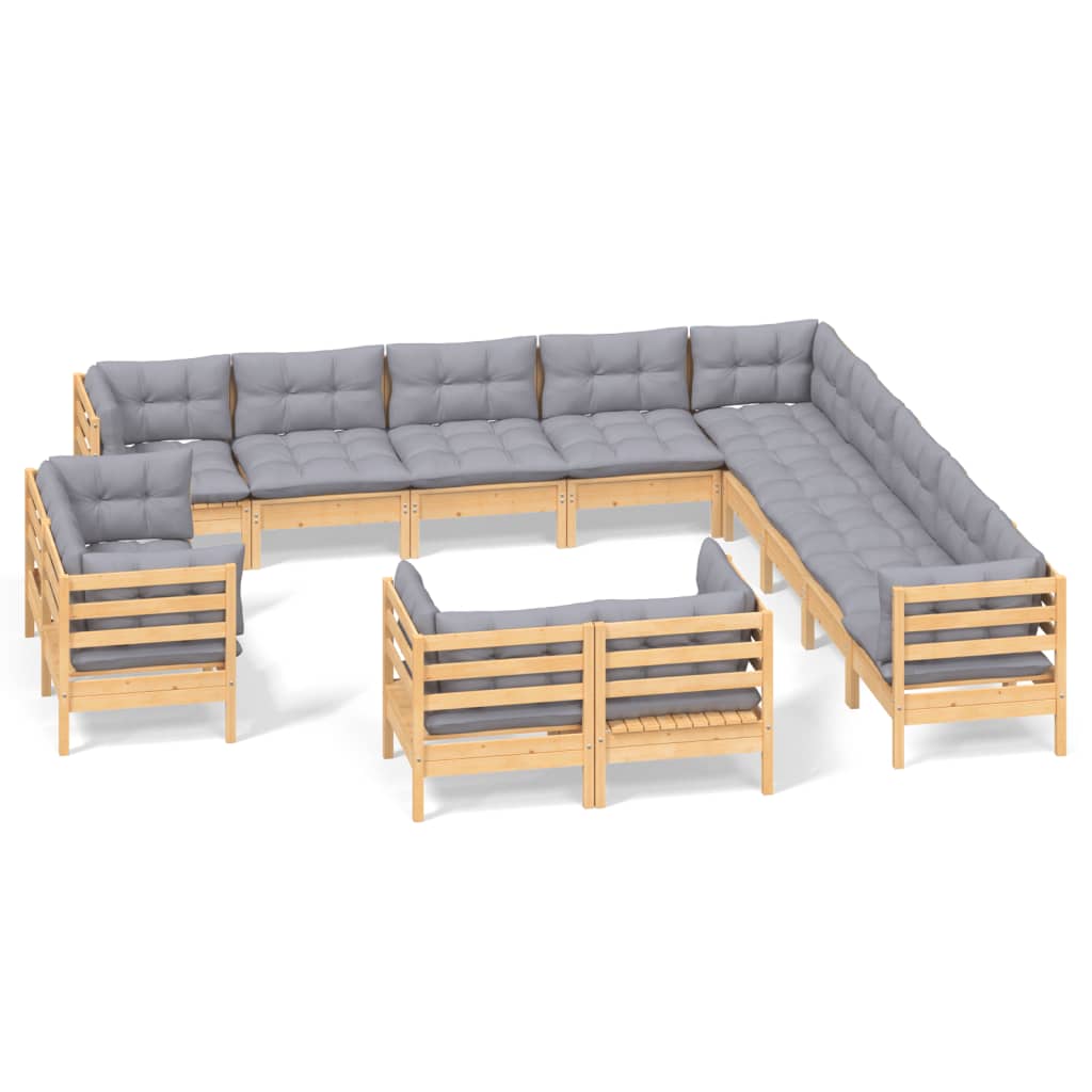 vidaXL 13-Piece Lounge Set with Grey Cushions Solid Pine Wood