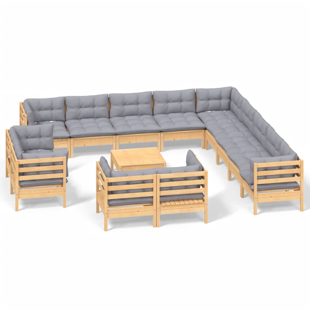 vidaXL 14-Piece Lounge Set with Grey Cushions Solid Pine Wood