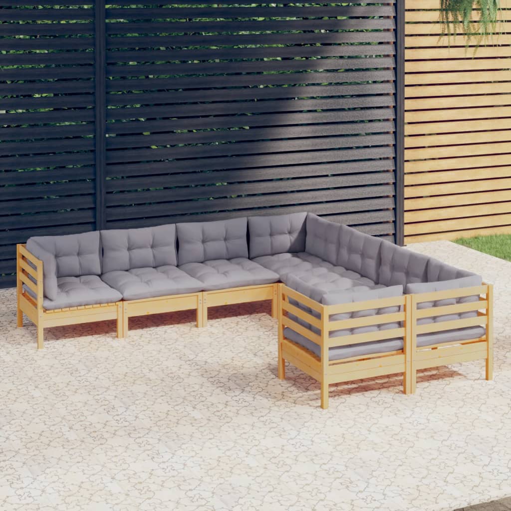 vidaXL 8-Piece Lounge Set with Grey Cushions Solid Pinewood