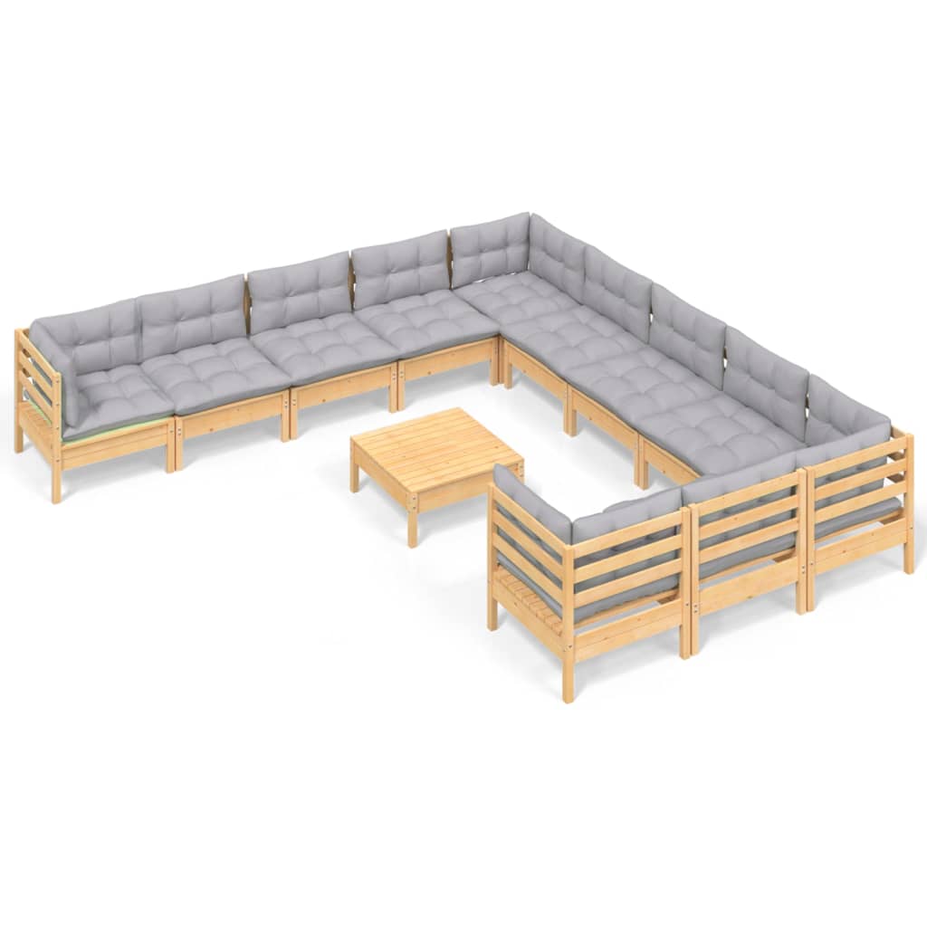 vidaXL 12-piece Lounge Set with Grey Cushions Solid Pine Wood
