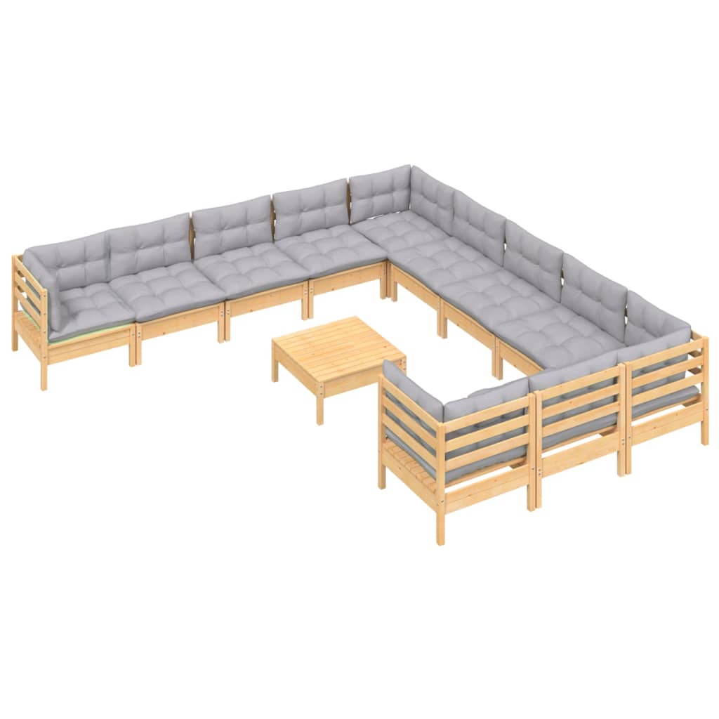 vidaXL 12-piece Lounge Set with Grey Cushions Solid Pine Wood