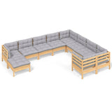 vidaXL 10-delige Loungeset met grijze kussens grenenhout