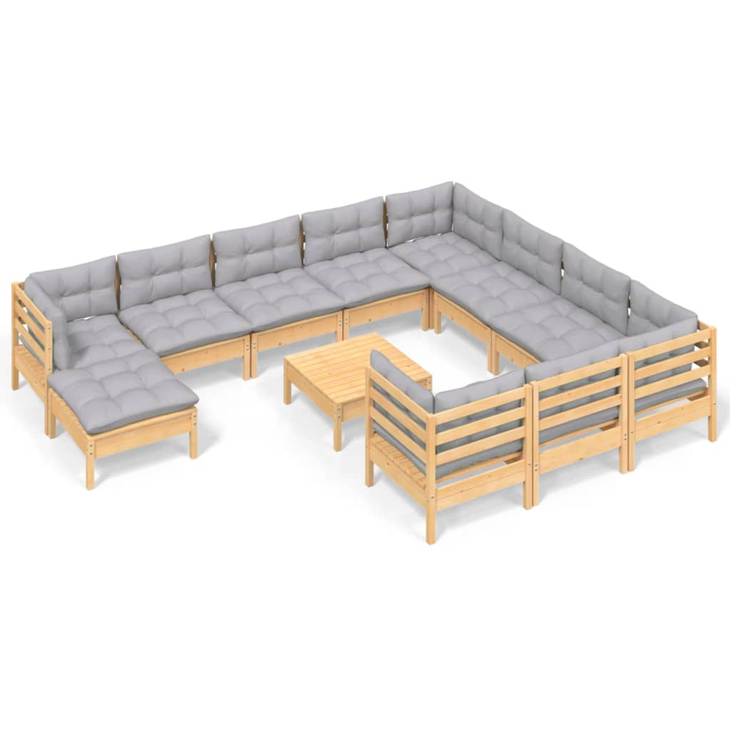 vidaXL 12-Piece Lounge Set with Grey Cushions Pine Wood