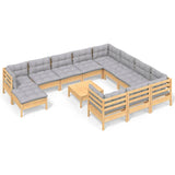 vidaXL 12-Piece Lounge Set with Grey Cushions Pine Wood