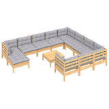 vidaXL 12-Piece Lounge Set with Grey Cushions Pine Wood
