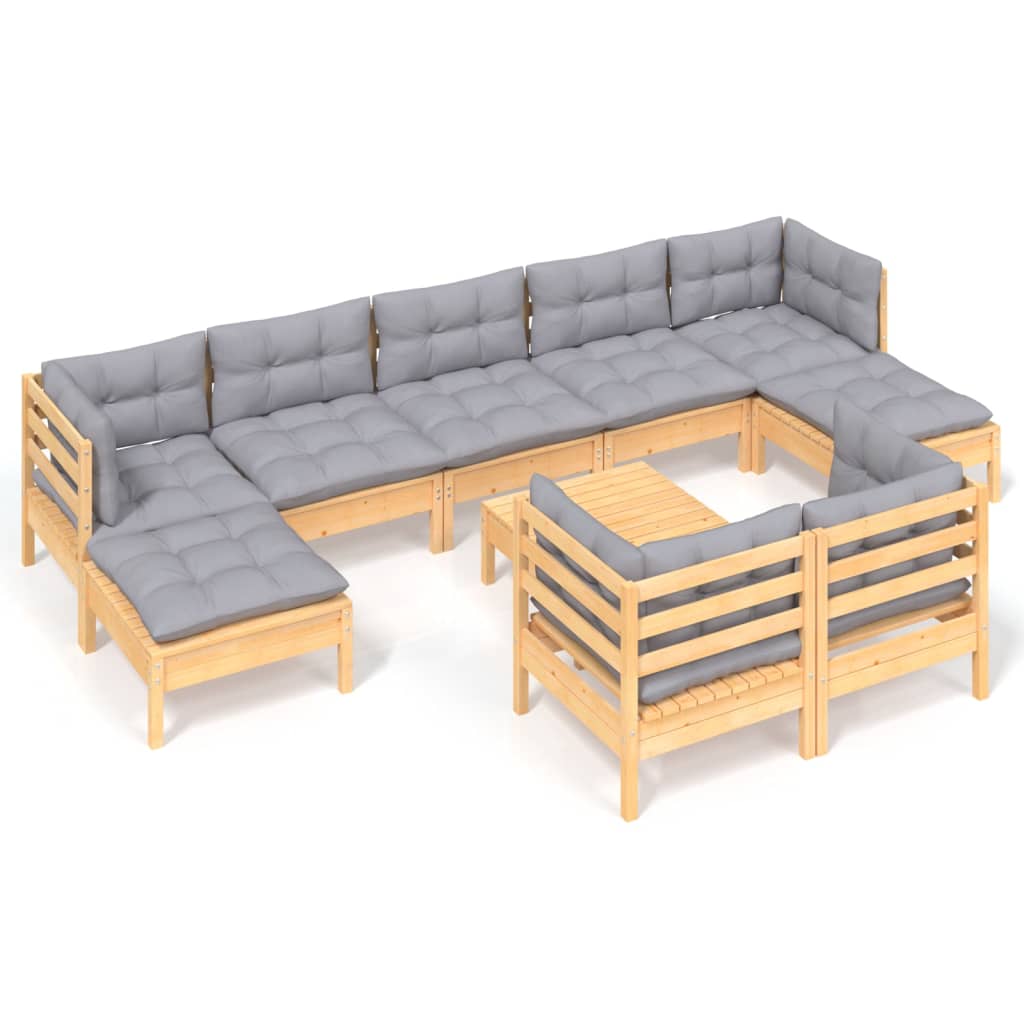 vidaXL 10-Piece Lounge Set with Grey Cushions Solid Pinewood