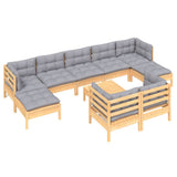 vidaXL 10-Piece Lounge Set with Grey Cushions Solid Pinewood